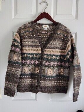 Vintage Talbots Wool Brown and Pink Floral Patterned Button Up Cardigan Sweater